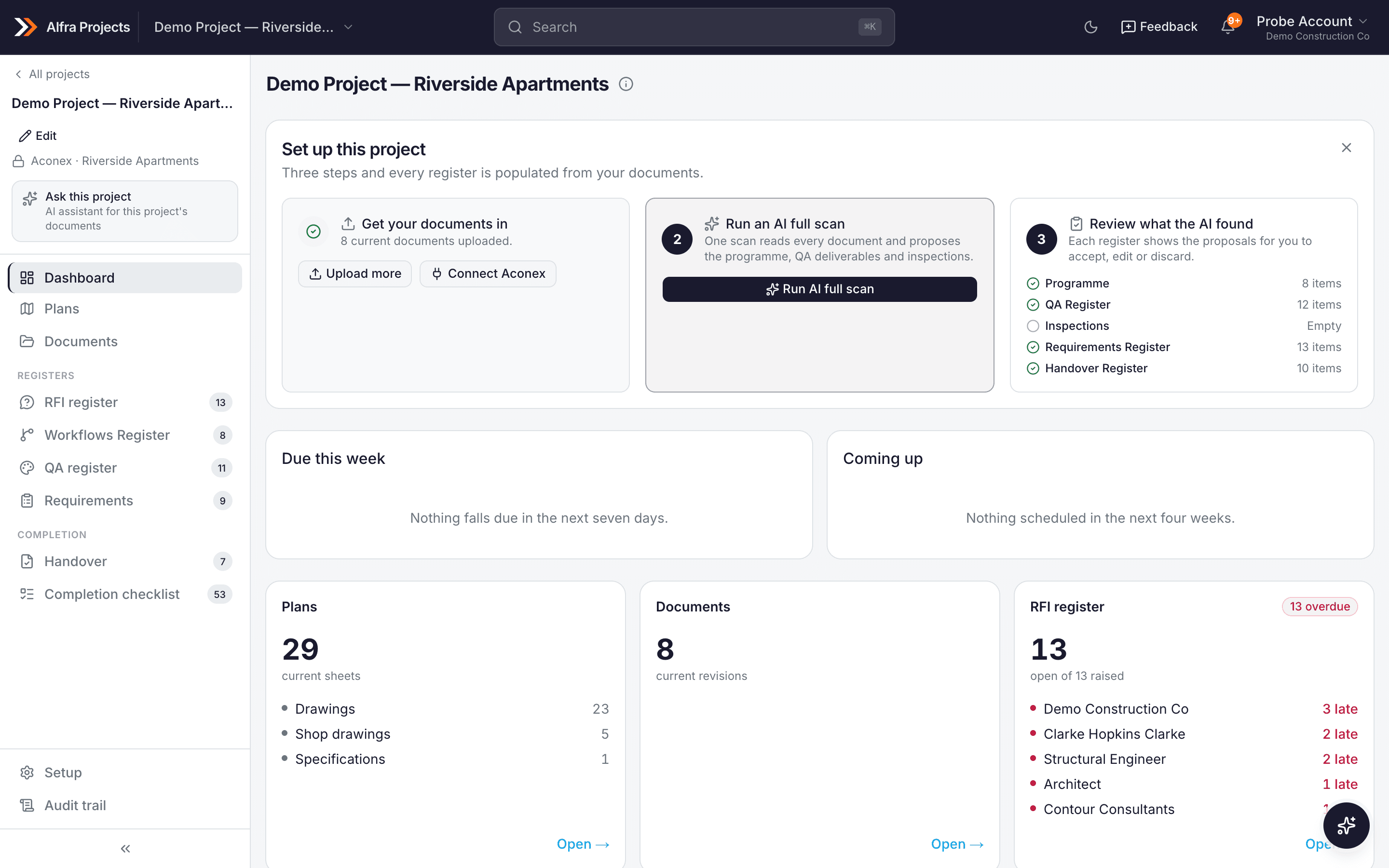 Alfra Projects dashboard showing the handover register, approval queue and project progress